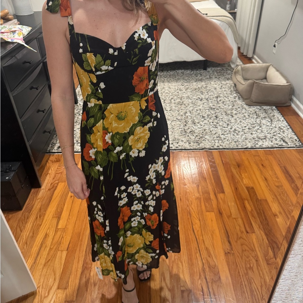 Reformation floral black midi dress size 2
